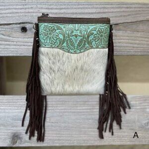 Top Notch Accessories Betty Cowhide Crossbody Fringe Purse In Turquoise